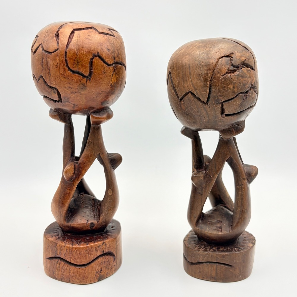 Hand Carved Wood African Unity Globe Sculpture Figures Holding World Statue Pair